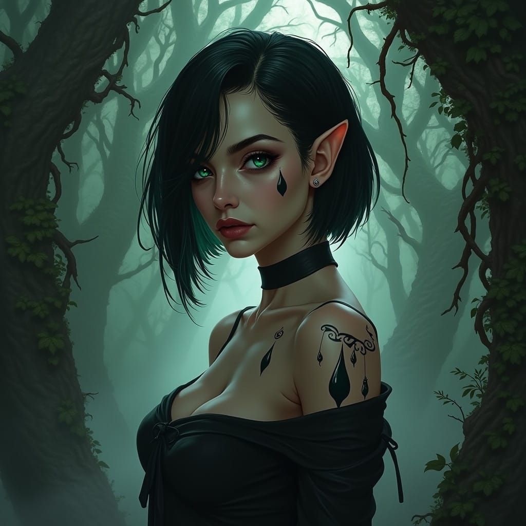Ethereal Dark Fantasy Elf with Asymmetrical Hair and Teardro...