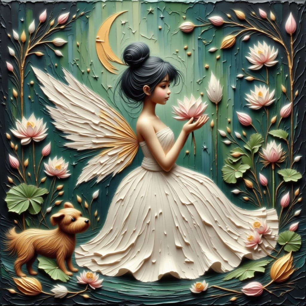 Moonfairy with white dress with gold embelishments, iredesce...