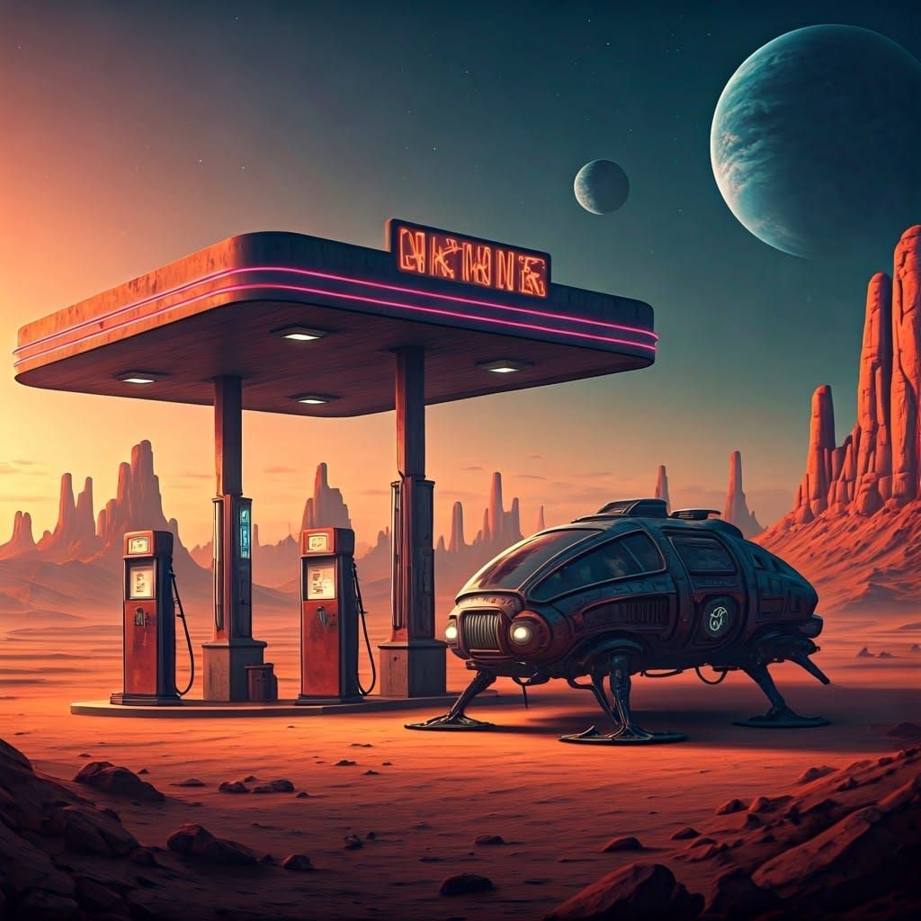 Retro-Futuristic Gas Station on Distant Desert Planet