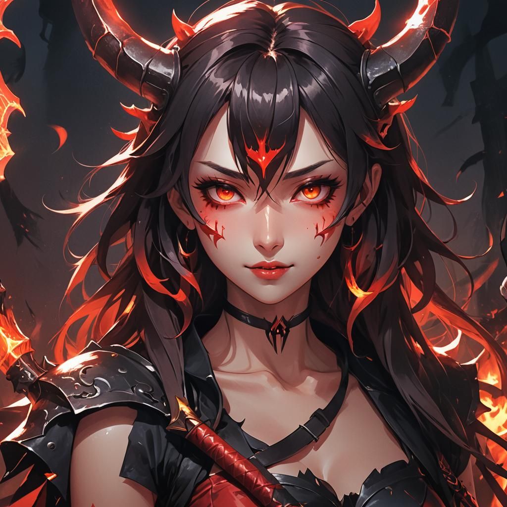 Dark Fantasy Anime Maiden with Fiery Horns and Scythe