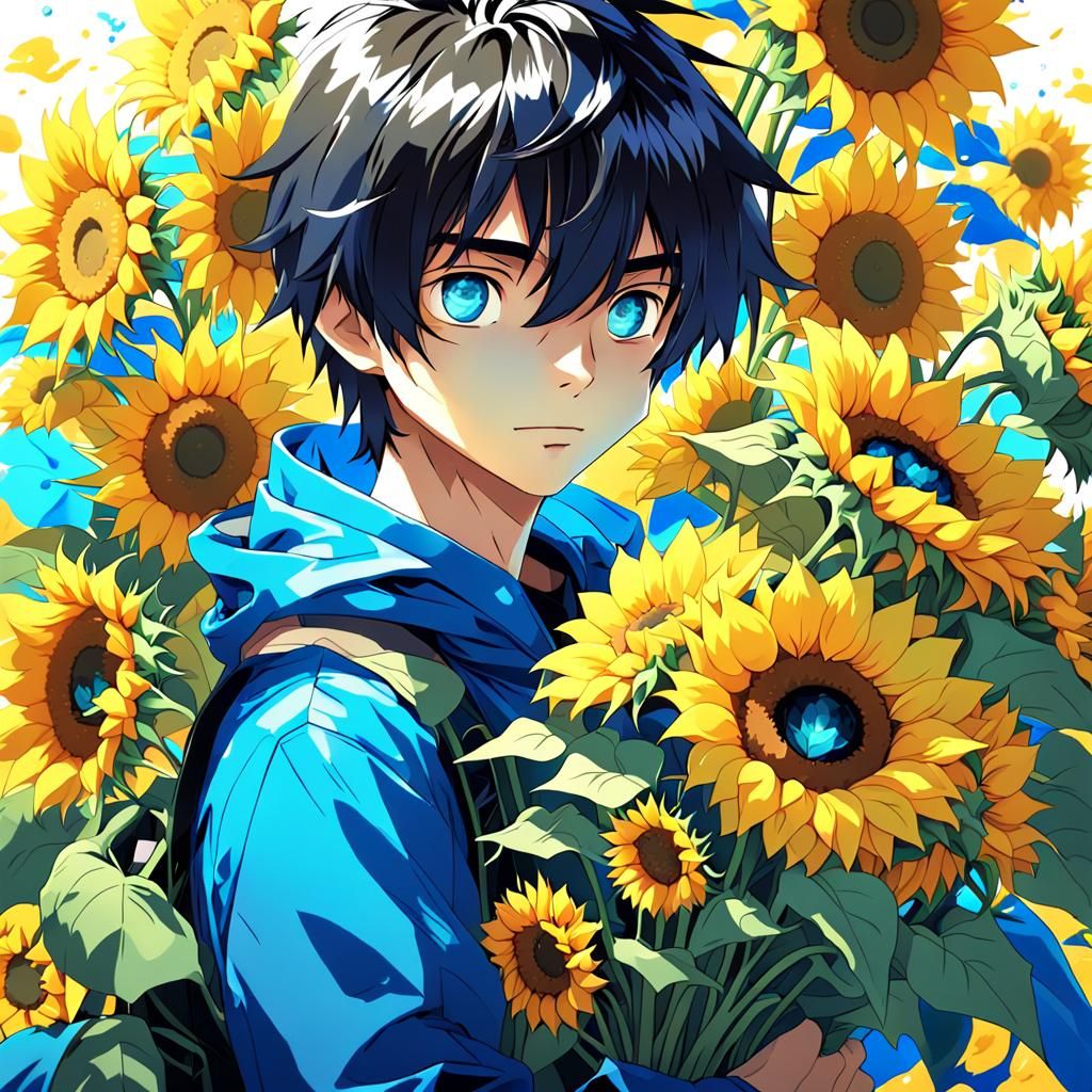 Anime Boy with Sunflowers in Flat Style