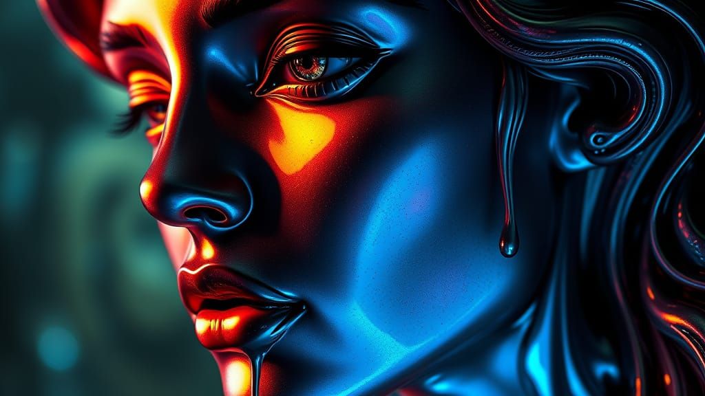 Melting Liquid Face Sculpture in Art Nouveau Style