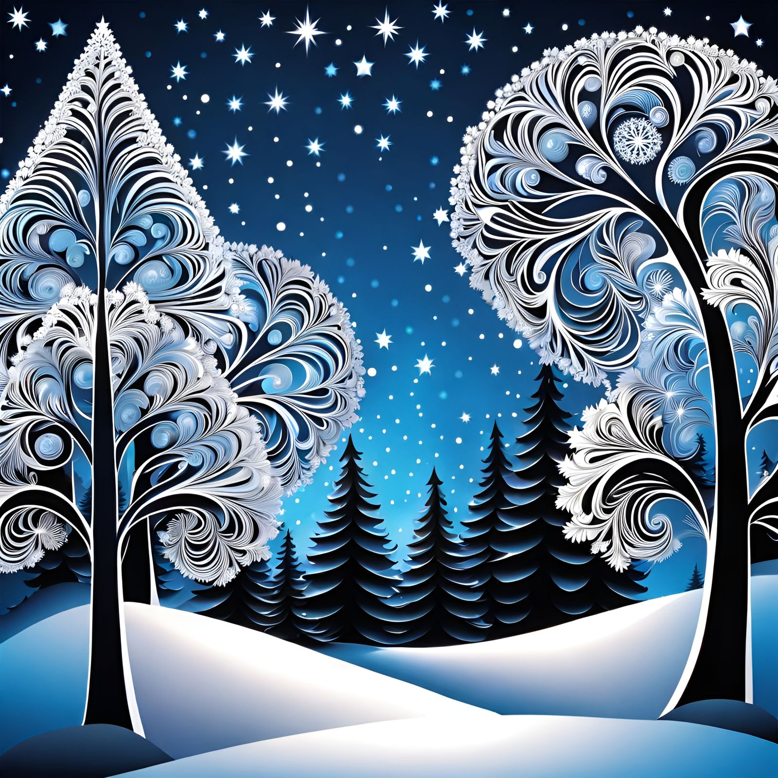 Christmas Winter Forest with Abstract Fractal Stars