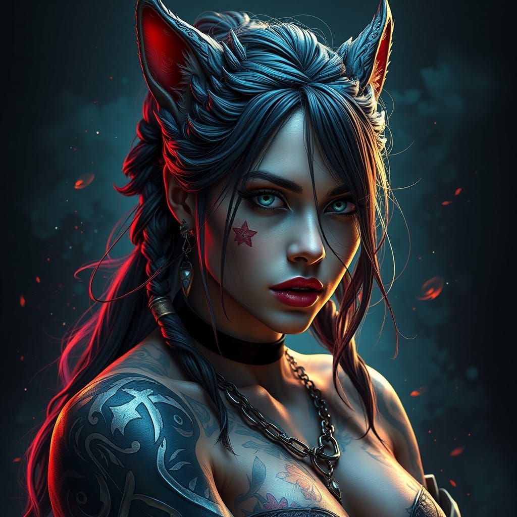 Cyberpunk Goddess with Motor Oil Scent and Wolf Tattoo