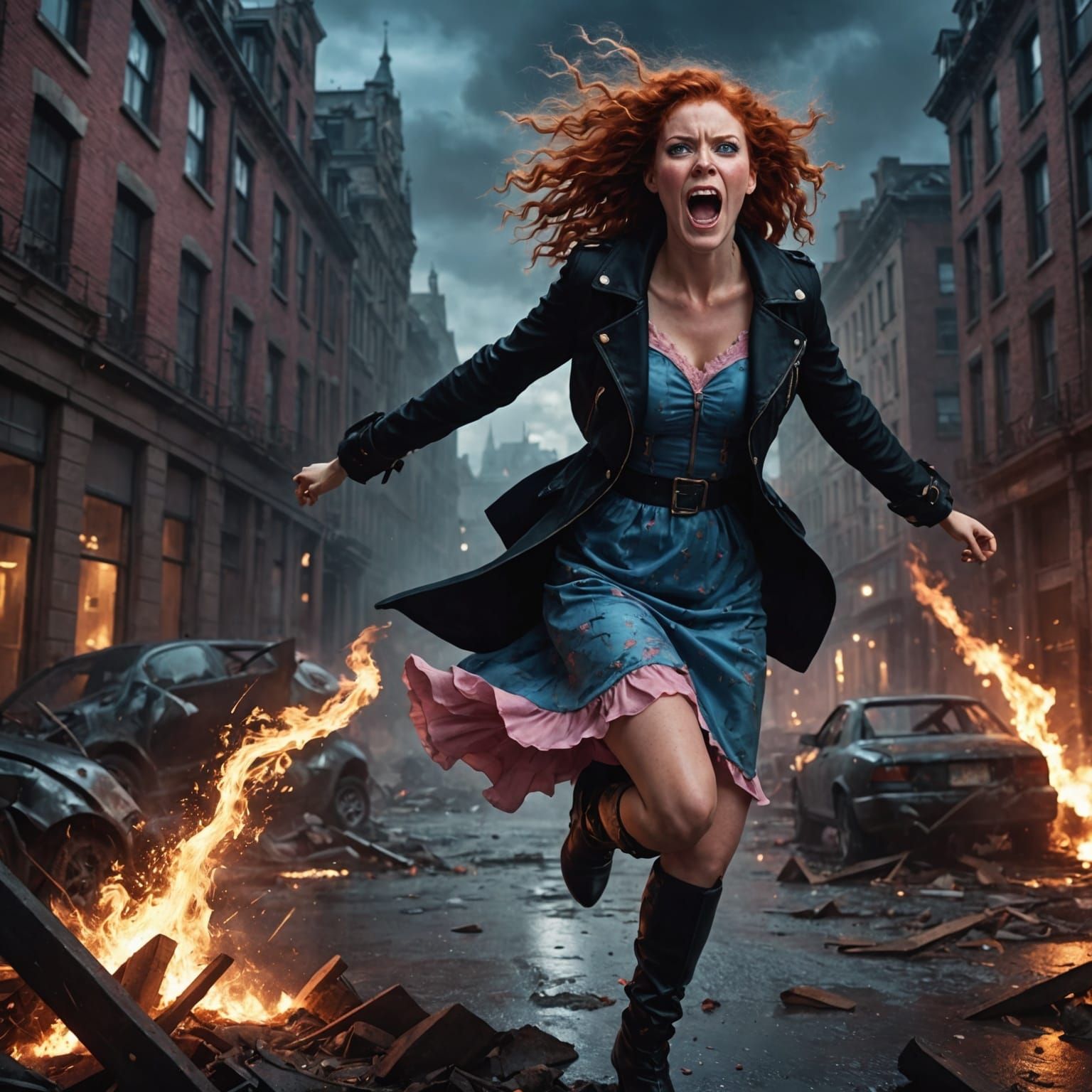 Woman Fleeing Disaster in Detailed Matte Painting