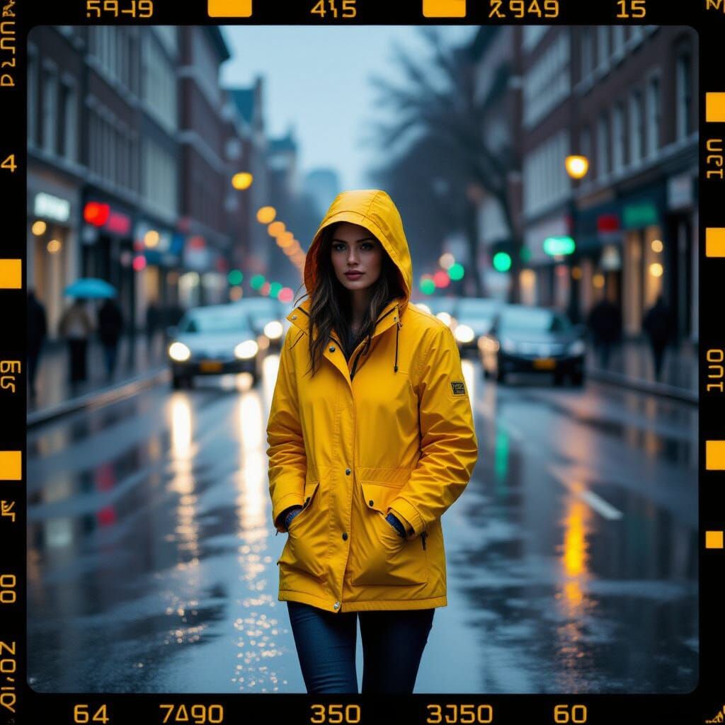 Woman in Yellow Jacket Walking in Rain, Kodachrome Style