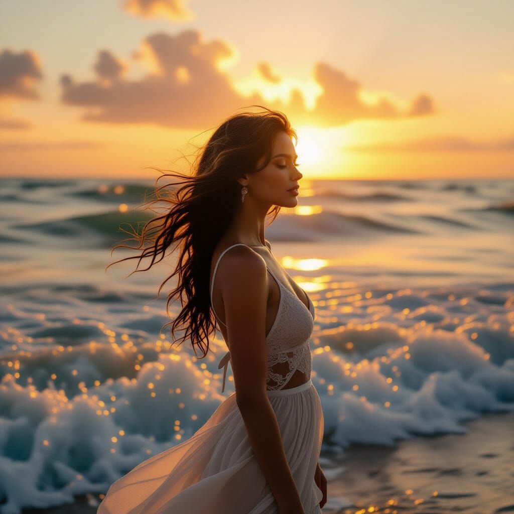 Woman Controls Ocean Waves at Sunset
