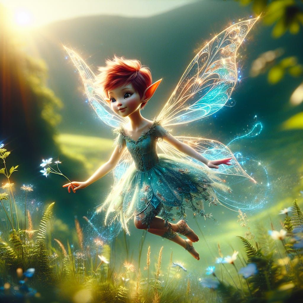 Enchanting Fairy with Glowing Wings Over Green Meadow