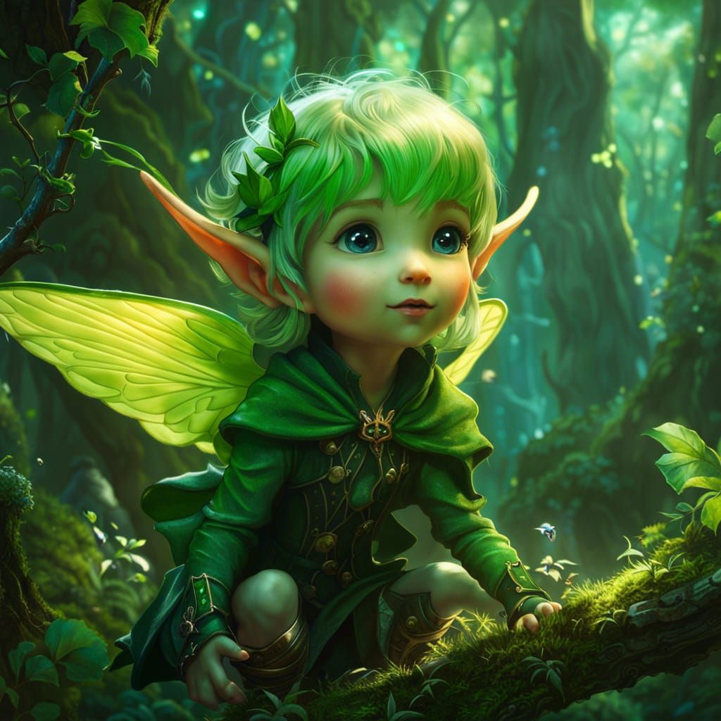 Enchanting Green Elf in Forest: Fantasycore Artwork