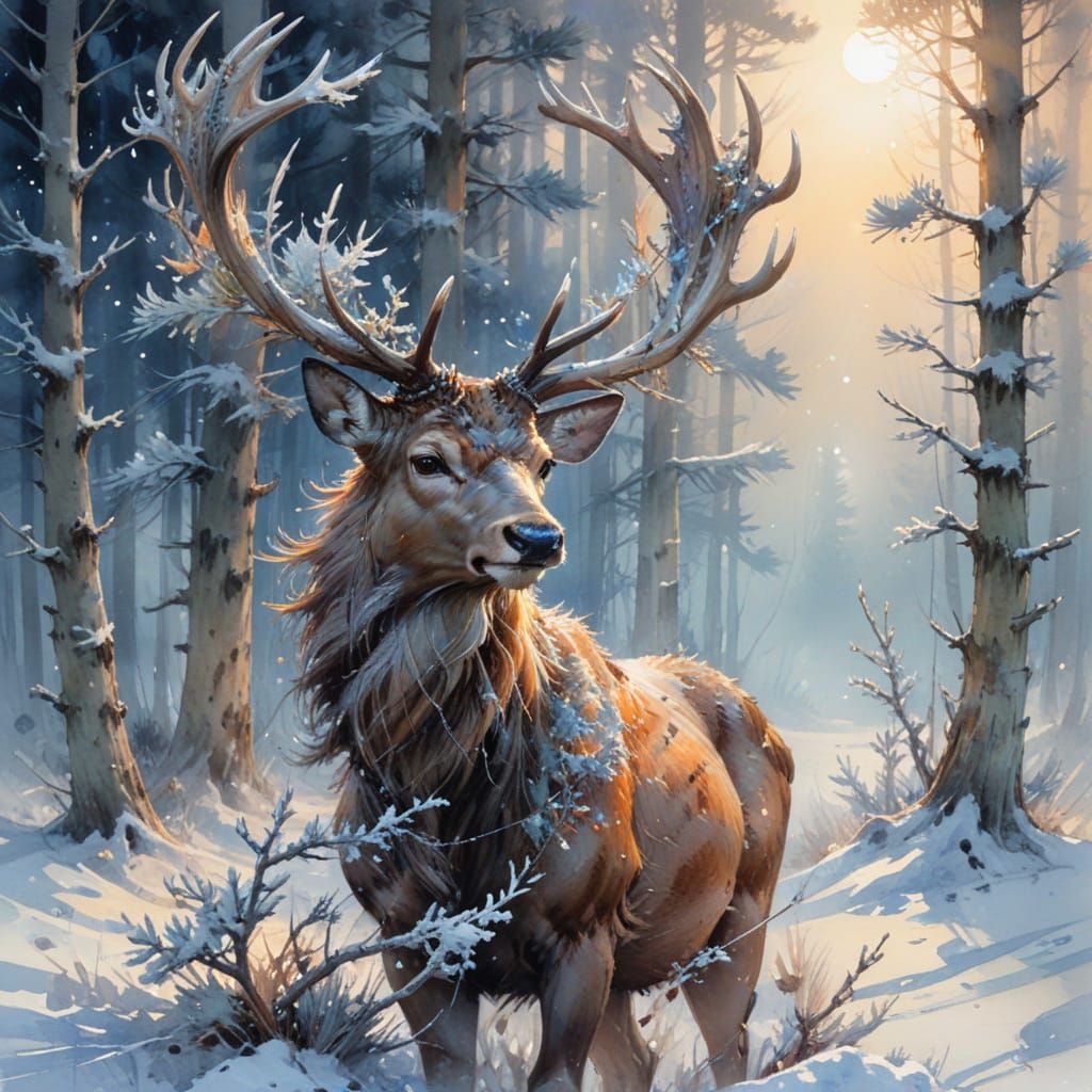 Stag in Snowy Clearing at Twilight: Watercolor Art