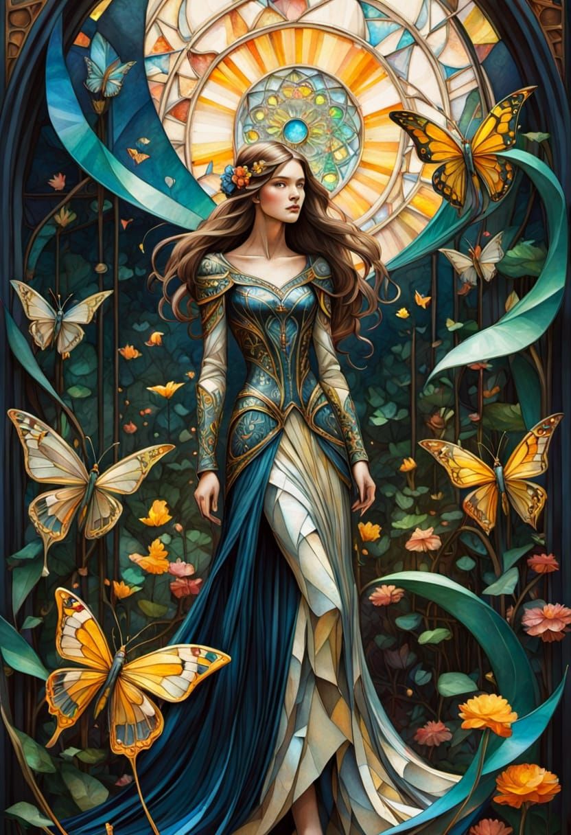 Princess Amidst Origami Butterflies in Art Nouveau Style