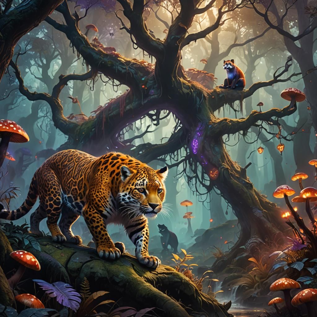 Leopard and Red Panda Hybrid in Mystical Forest