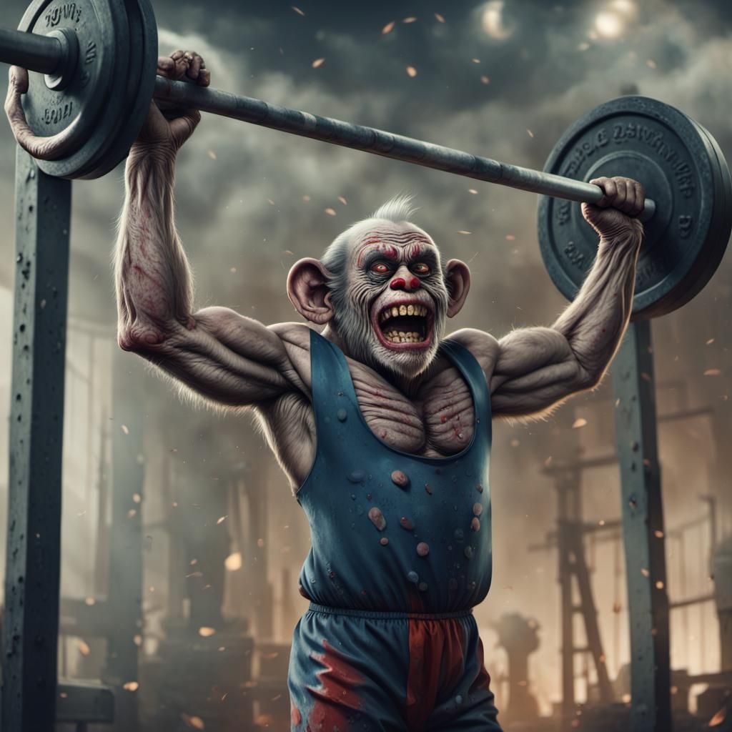 Zombie Monkey Monster Lifts Barbell: Digital Matte Painting