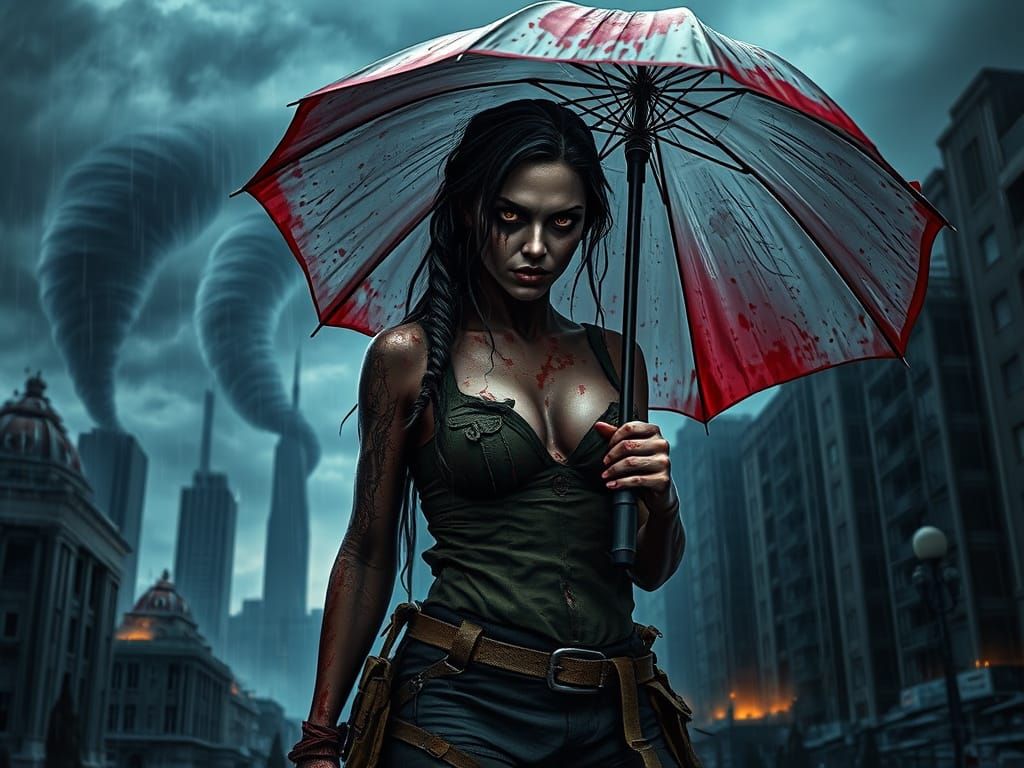 Zombie Lara Croft in Dystopian Cityscape