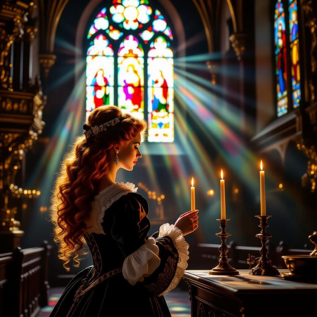 16th Century Woman Lighting Candle in Church