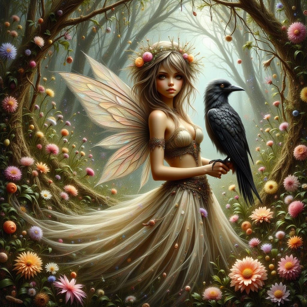 Whimsical Fairy and Raven in Muted Forest