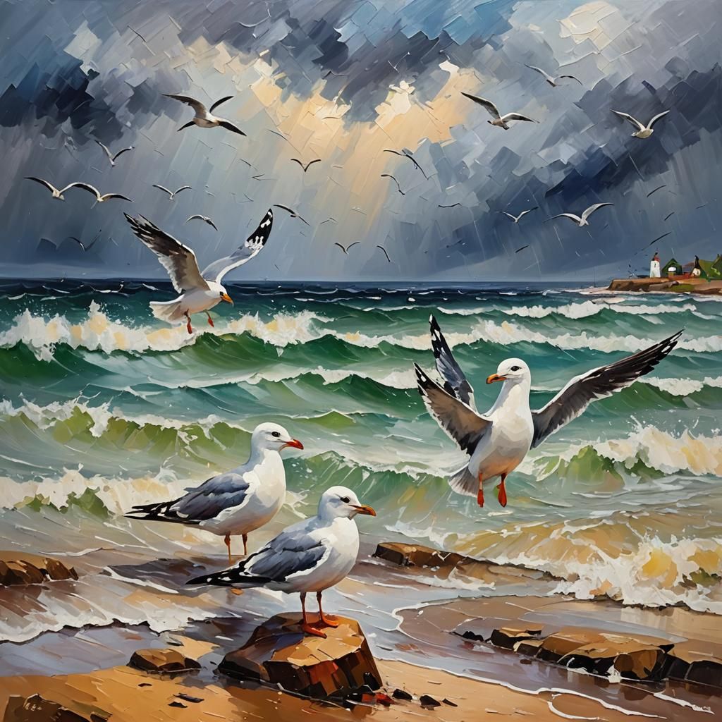 Seagulls in North Sea Storm: Expressionist Oil Painting