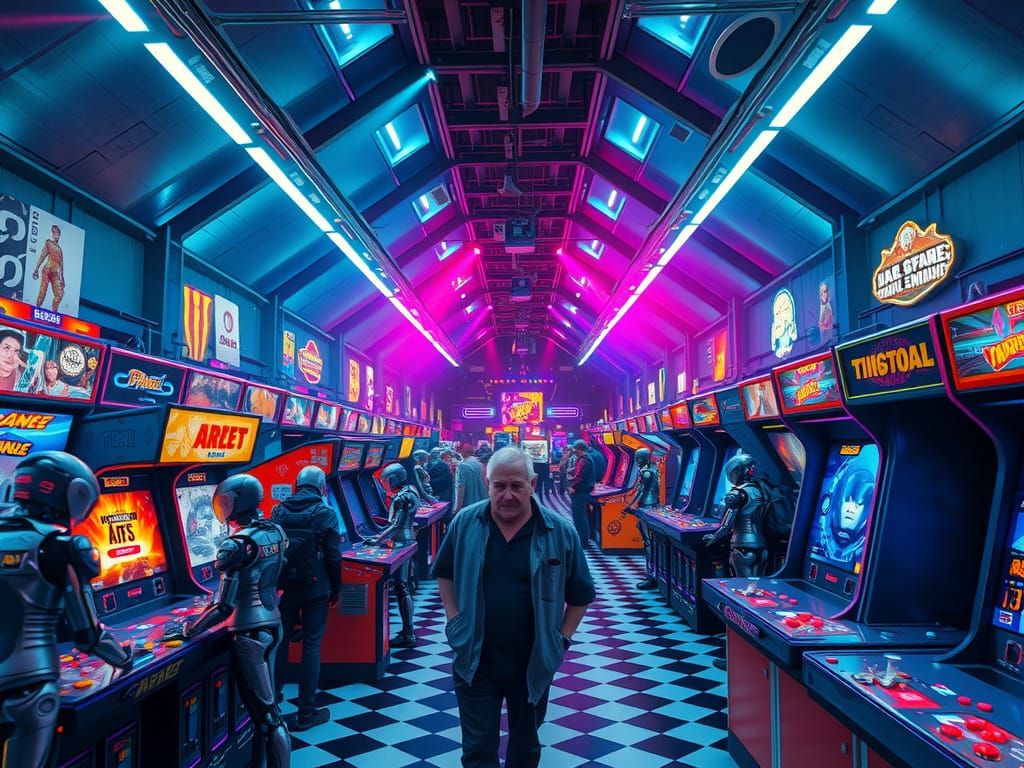 Futuristic Neon Arcade Hall Filled with Robots
