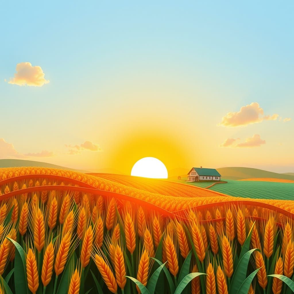 Medieval Farm at Sunrise in Origami Style