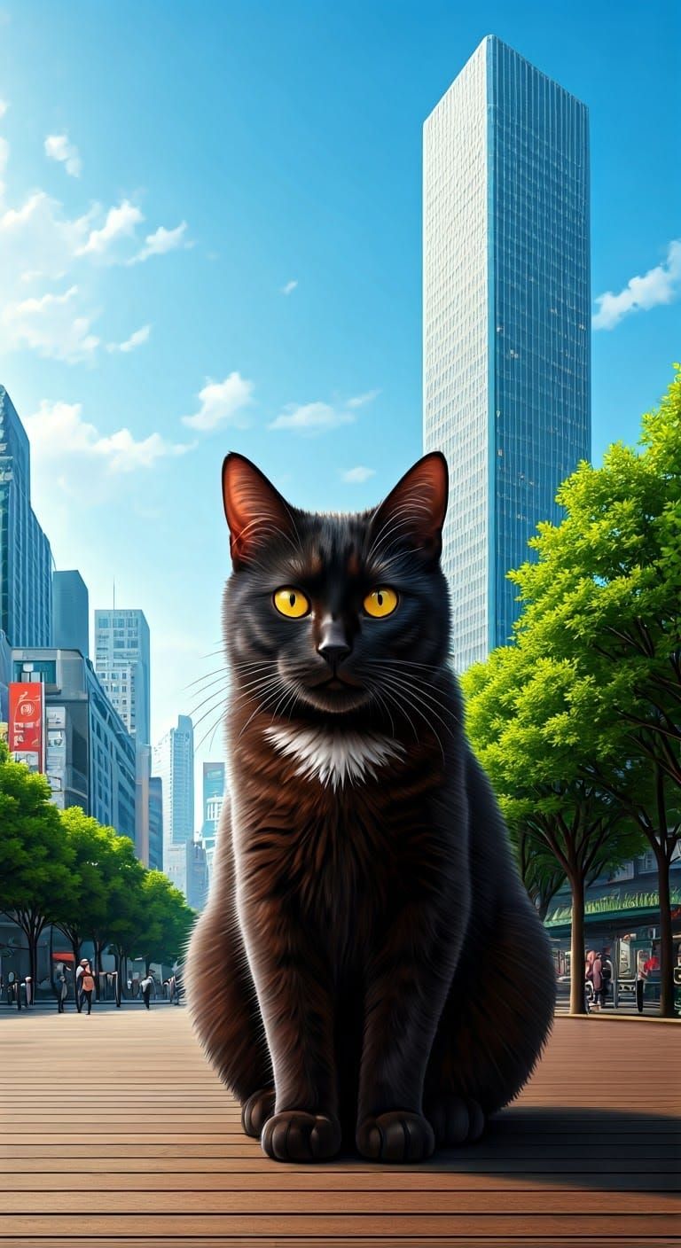 Sleek Black Cat Explores Neon Tokyo