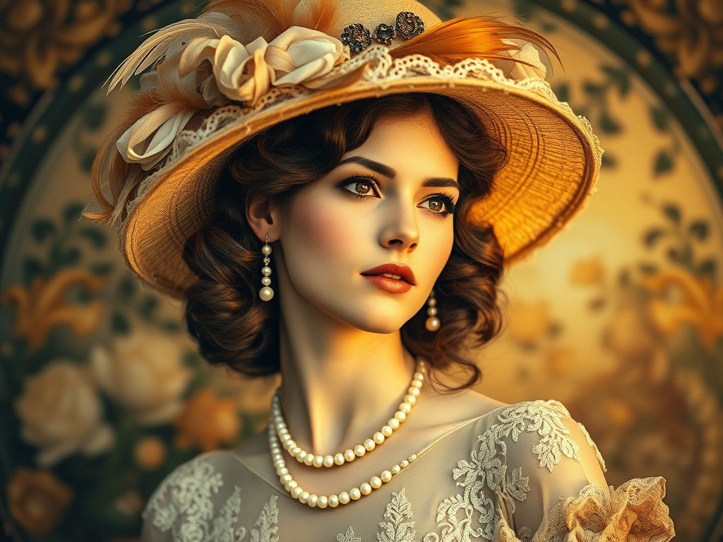 Victorian Woman with Feathered Hat in Art Nouveau Style