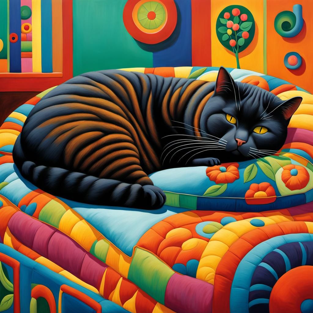 Chubby Cat Napping: Botero-Inspired Whimsical Illustration