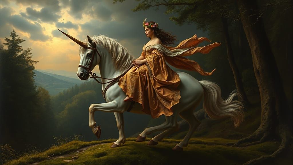 Nymph Riding Unicorn: Baroque Oil Painting