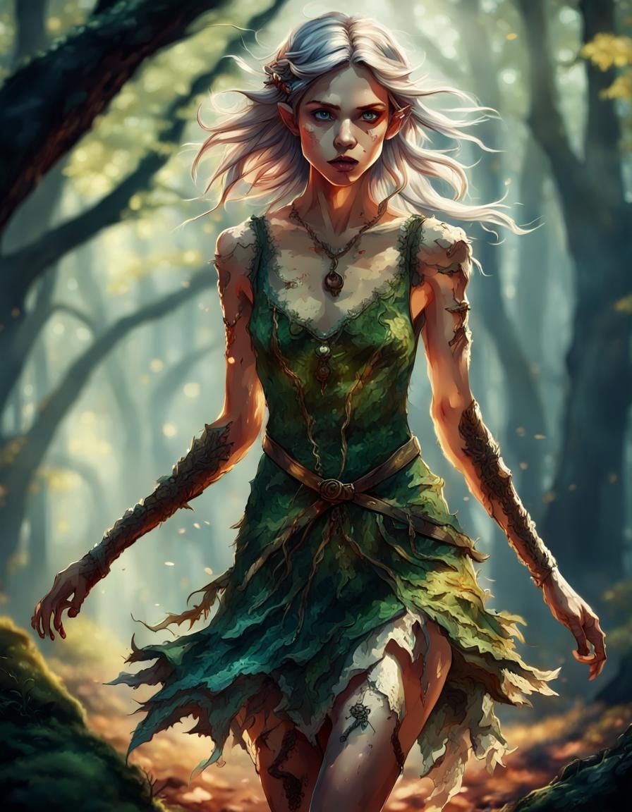 Elf Girl Running From Monster in Forest