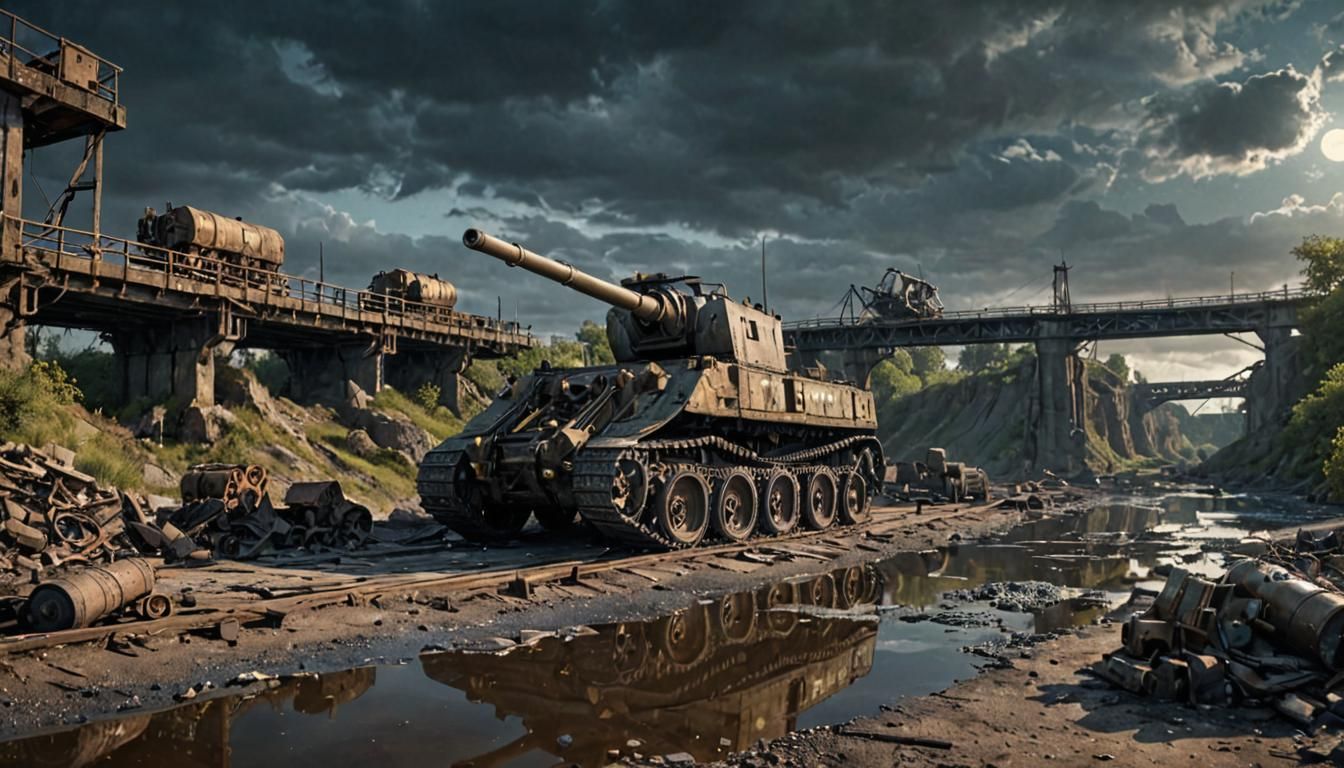 Dieselpunk Artillery Gun on Ruined Bridge