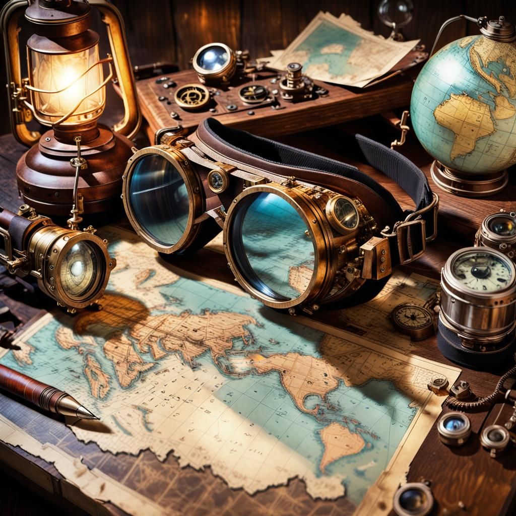 Steampunk Gadgets and Maps on a Ship Cabin Table