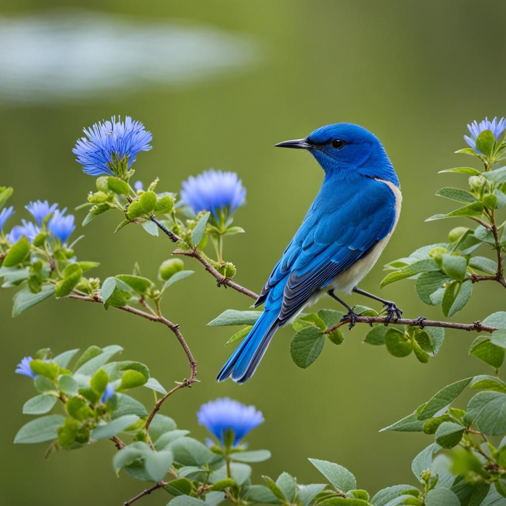 Small Blue Bird on Branch with Blue Flower