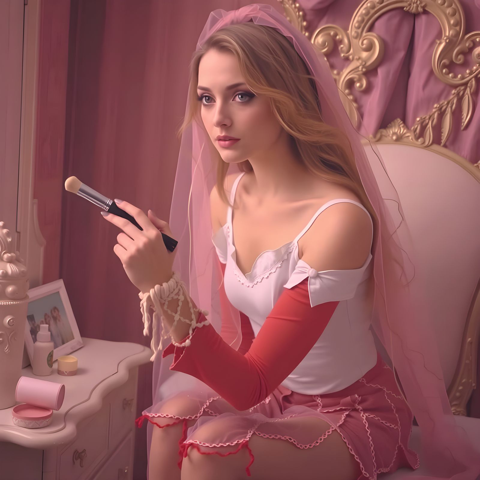 Vintage Glamor: Woman Applying Makeup in Soft Lighting