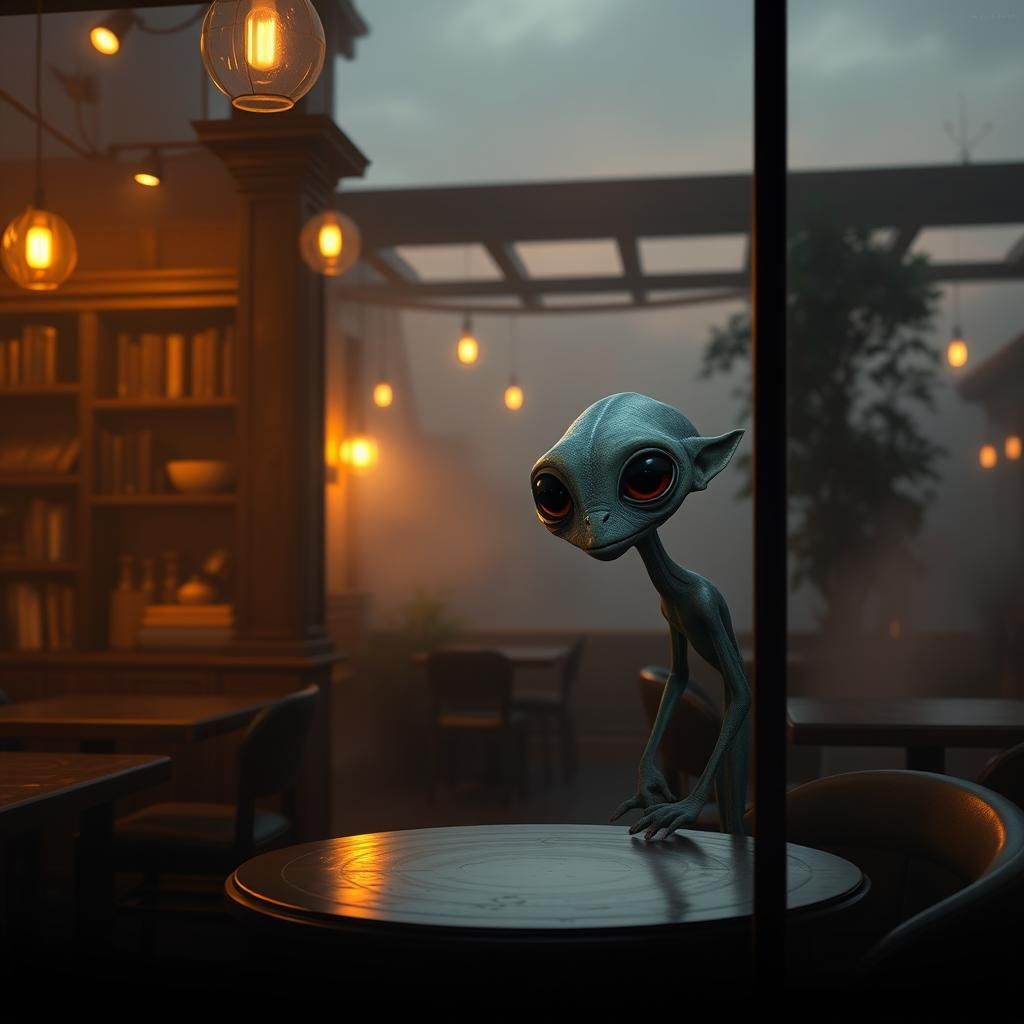 Alien Peeking into Coffee Shop: Fantasy Concept Art