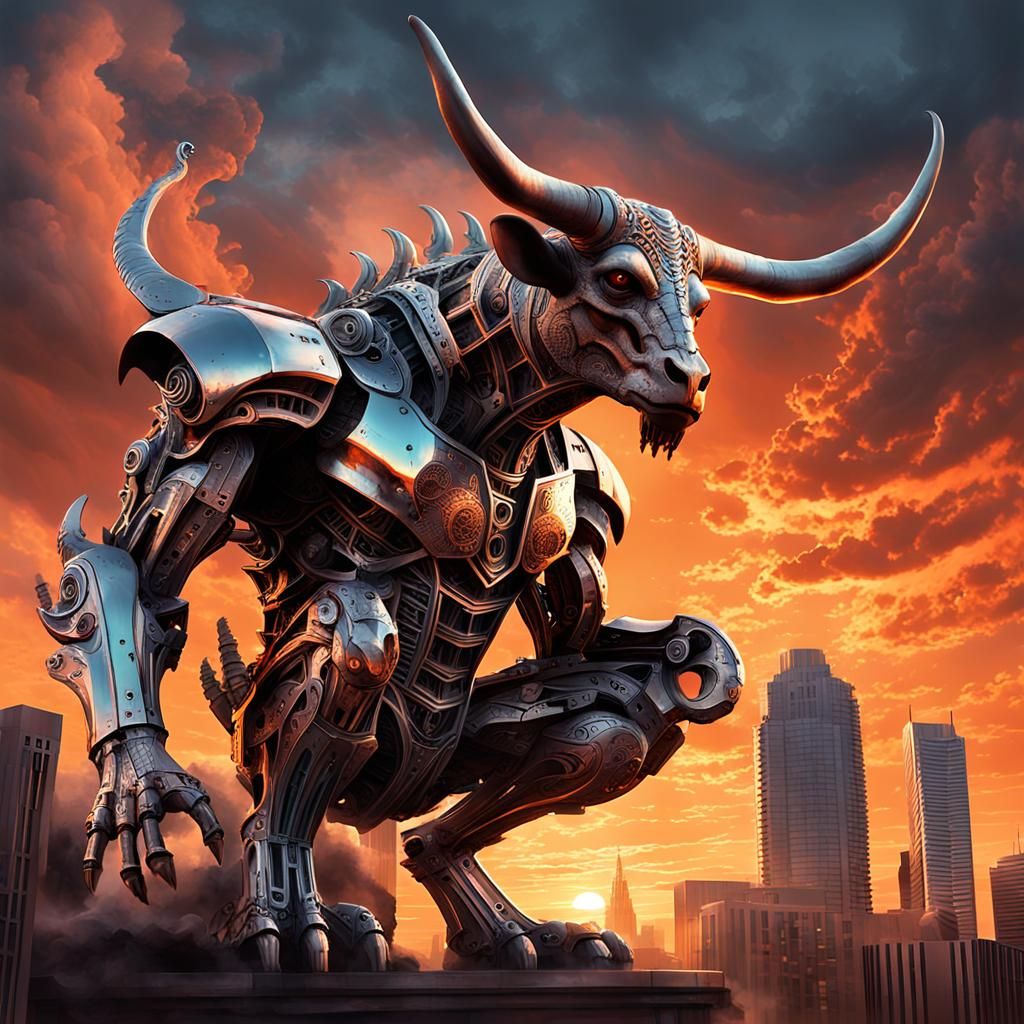 Futuristic Longhorn Gargoyle in Sci-Fi Cityscape