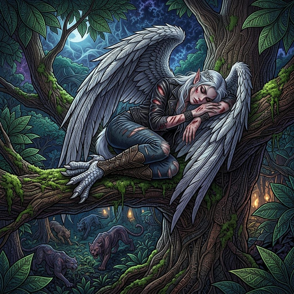 Exhausted Warrior Sleeping in Jungle Tree Amidst Predators