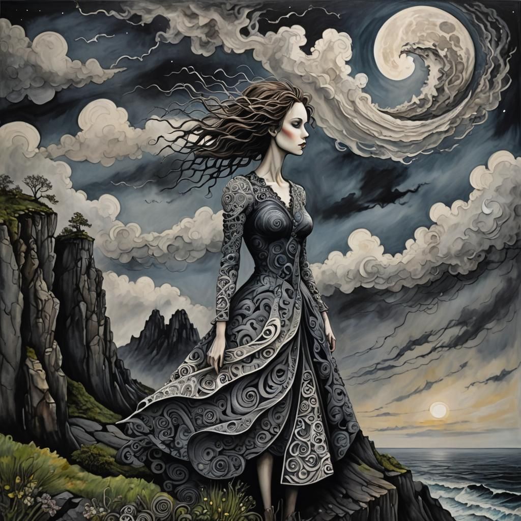 Ethereal Woman on Windswept Cliff in Burtonesque Style