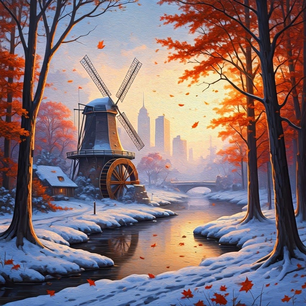 Snowy Autumn Forest with Windmill, Impasto Painting