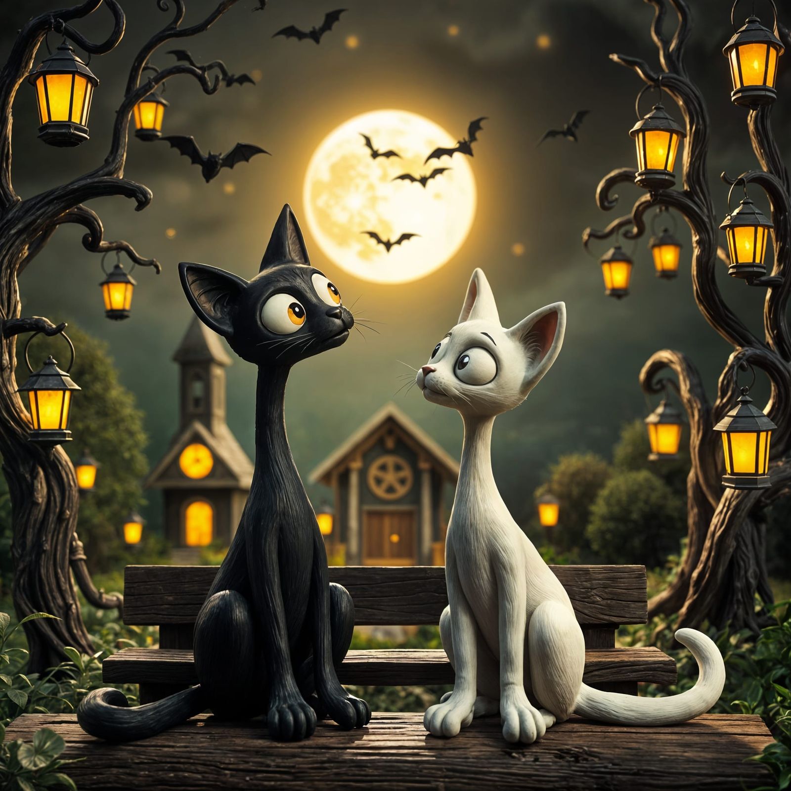 Whimsical Claymation Cats in Moonlit Garden