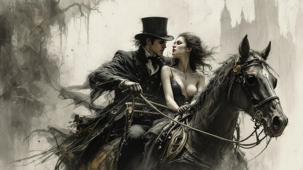 Steampunk London Couple in Moody Pastel-Charcoal Sketch