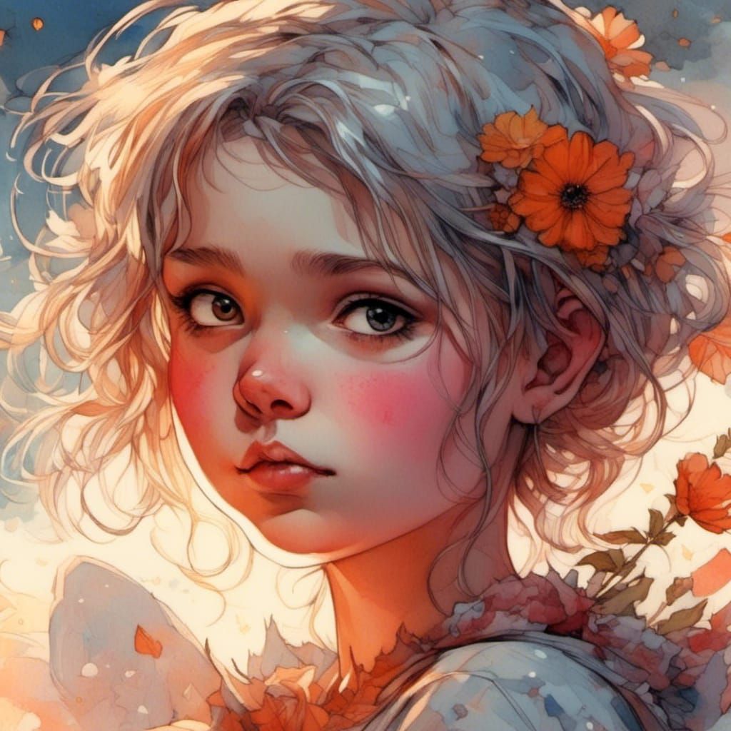 Cute Girl Sunrise Gaze in Aquarelle Style