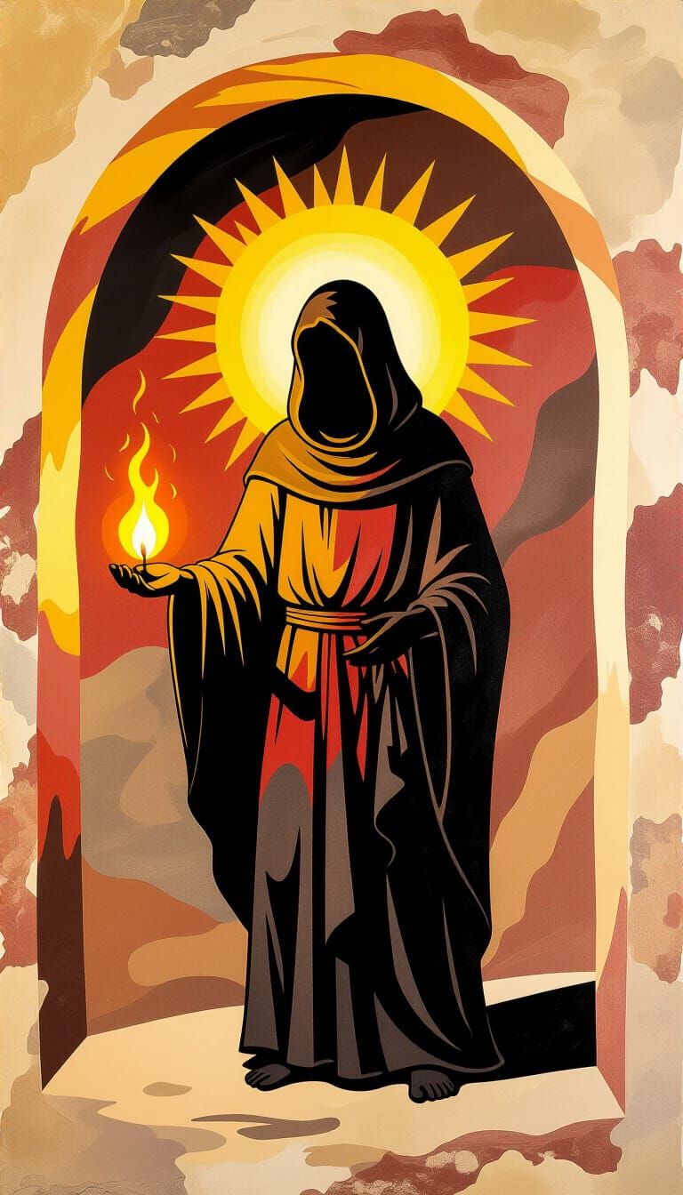 Ancient Cave Painting of Hooded Figure with Sun Halo