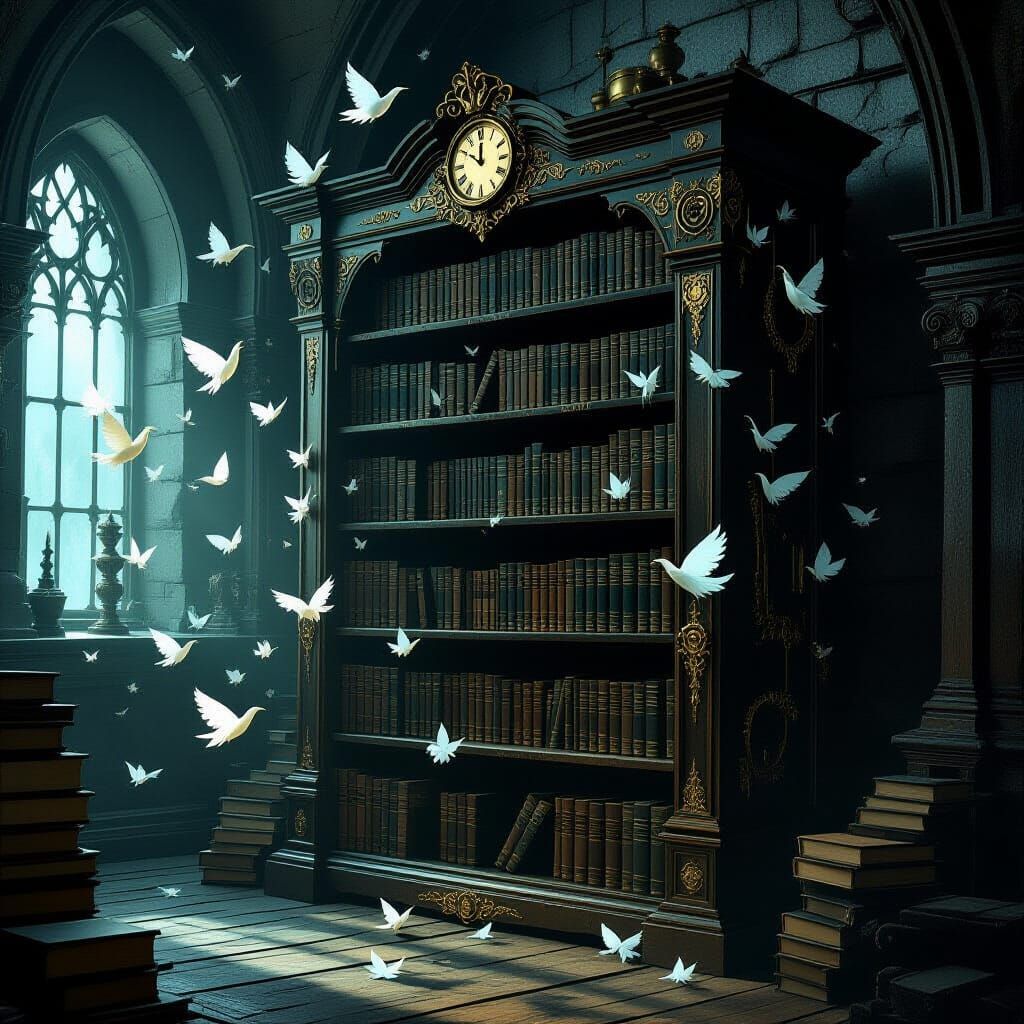 Ancient Bookshelf with Paper Birds in Dim Chamber