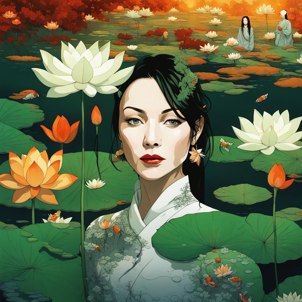 Japanese Silhouette Portrait with Lotus and Koi