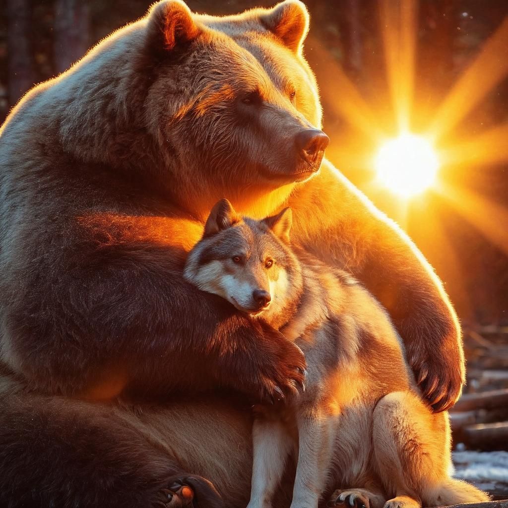 Kodiak Bear Cradling Timberwolf Portrait in Macro
