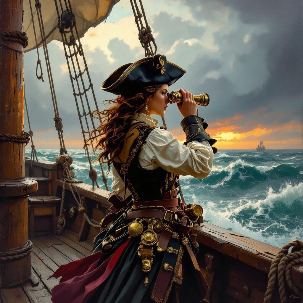 Female Pirate Captain with Spyglass on Stormy Sea