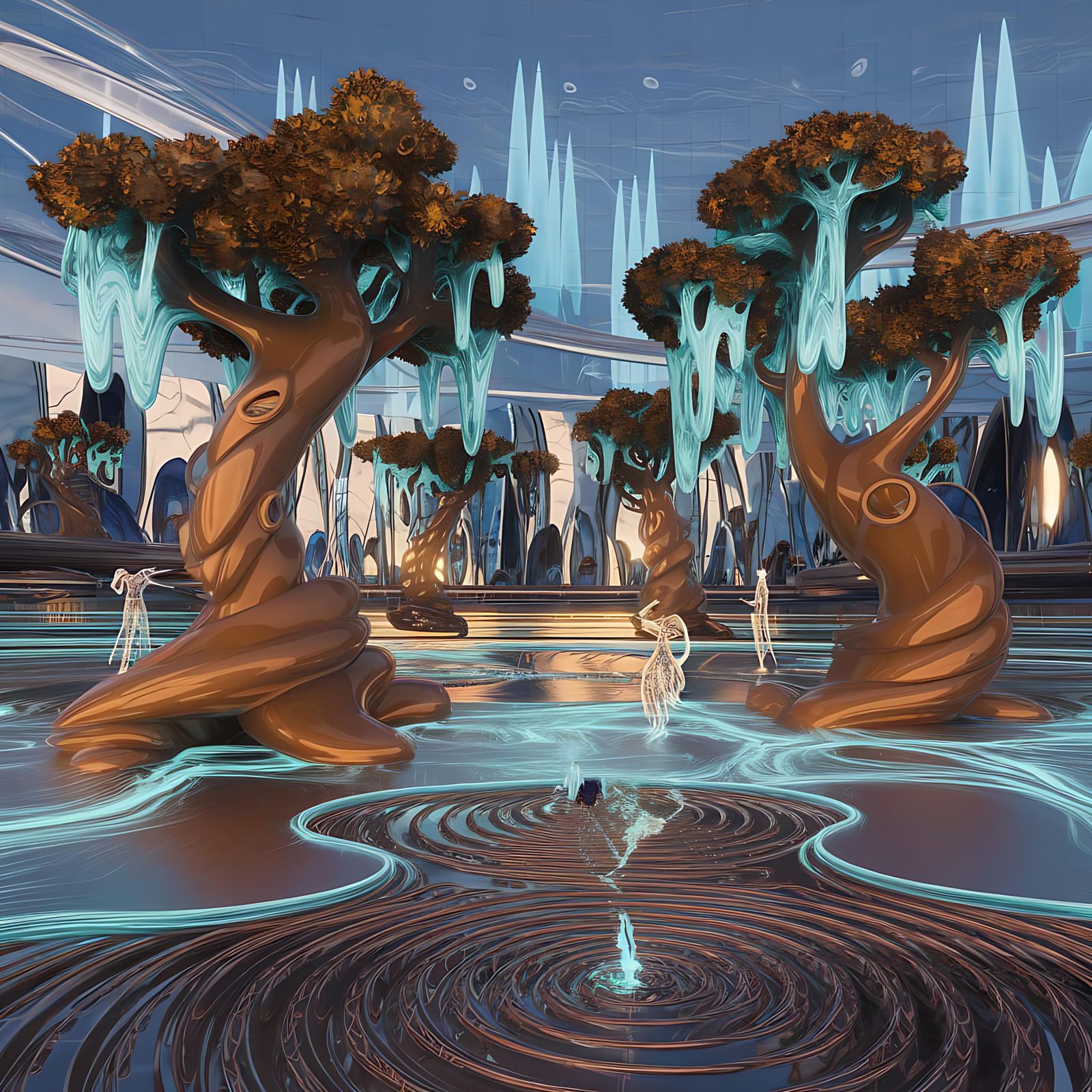 Futuristic City with Fractal Trees and Glowing Sap