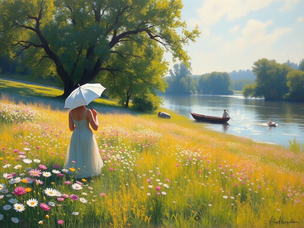 Impressionist Woman with Parasol in Riverside Field