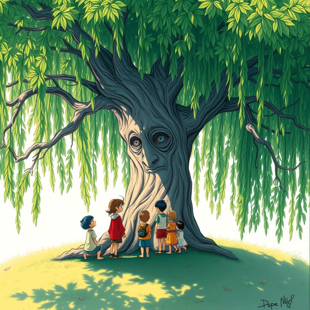 Whimsical Studio Ghibli-Inspired Scene of Children and a Tre...