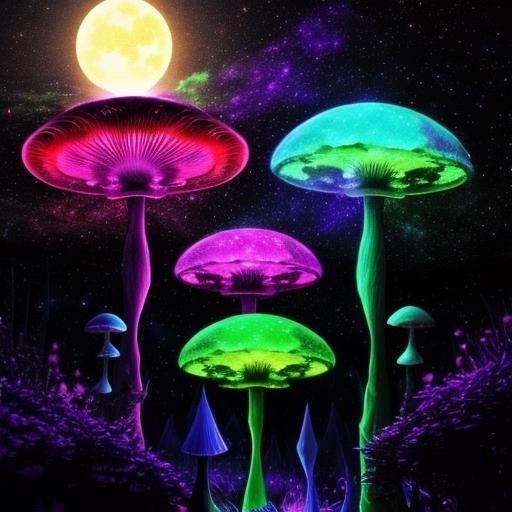 Psychedelic Magic Mushrooms Under a Galactic Sunset