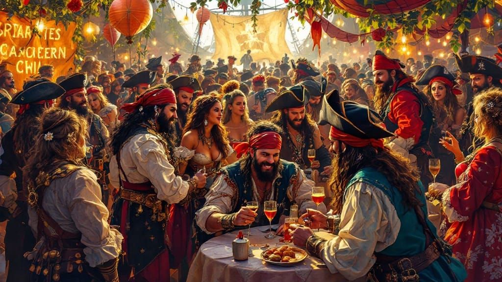 Vibrant Pirate Gathering in a Golden Atmosphere